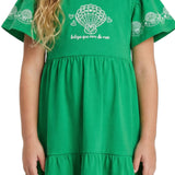 Vestido infantil malha verde estampada conchas