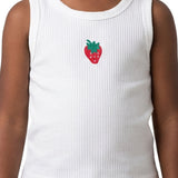 Regata infantil malha canelada off-white bordado morango