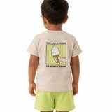 Conjunto infantil camiseta malha bege e bermuda moletinho verde neon
