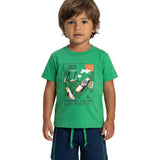 Conjunto infantil camiseta malha verde parquinho e bermuda moletinho marinho