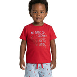 Conjunto infantil camiseta malha vermelha e bermuda moletinho estampada listrada azul