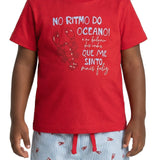 Conjunto infantil camiseta malha vermelha e bermuda moletinho estampada listrada azul