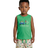Conjunto infantil regata malha verde e bermuda moletinho estampada trânsito