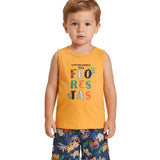 Conjunto infantil regata malha laranja e bermuda moletinho estampada floresta