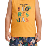 Conjunto infantil regata malha laranja e bermuda moletinho estampada floresta