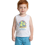 Conjunto infantil regata malha off-white caracol e bermuda moletinho azul