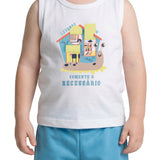 Conjunto infantil regata malha off-white caracol e bermuda moletinho azul