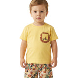 Conjunto infantil camiseta malha amarela e bermuda tactel estampada leão