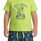 Conjunto infantil camiseta malha verde neon e bermuda tactel estampado jacaré
