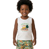 Conjunto infantil regata malha off-white e bermuda tactel estampada fazenda