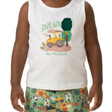 Conjunto infantil regata malha off-white e bermuda tactel estampada fazenda