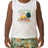 Conjunto infantil regata malha off-white e bermuda tactel estampada fazenda