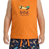 Conjunto infantil regata malha laranja e bermuda tactel estampada skate