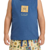 Conjunto infantil regata malha azul e bermuda tactel estampada férias