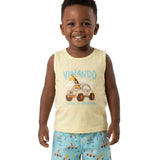 Conjunto infantil regata malha amarela e bermuda tactel estampada animais