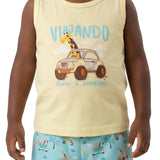 Conjunto infantil regata malha amarela e bermuda tactel estampada animais