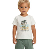 Conjunto infantil camiseta malha off-white e bermuda tecido ecológico texturizado verde
