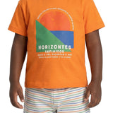 Conjunto infantil camiseta malha laranja e bermuda tecido ecológico texturizado listrado