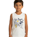 Regata infantil malha off white estampa praia