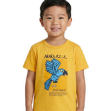 Camiseta infantil malha amarela patch arara-azul
