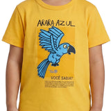 Camiseta infantil malha amarela patch arara-azul
