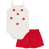 Conj. body de alcinha flores aplicadas + saia balonê vermelha