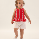 Conj. blusa peplum sem manga bordada vermelha + shorts sarja