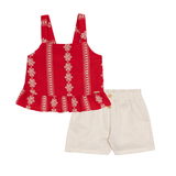 Conj. blusa peplum sem manga bordada vermelha + shorts sarja