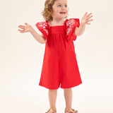 Macaquinho manga borboleta bordado floral vermelho