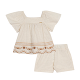 Conj. linho bata bordada manga borboleta + shorts bege