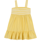 Vestido sem manga detalhe sianinha e babado amarelo pastel