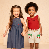 Vestido sem manga chambray bordado cerejas