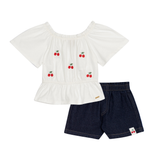 Conj. blusa ciganinha manga curta bordada cerejas + shorts jeans