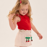 Conj. blusa sem manga babados vermelha + shorts frufru cerejas bege