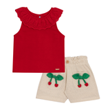 Conj. blusa sem manga babados vermelha + shorts frufru cerejas bege