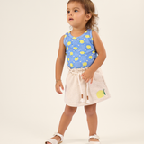 Conj. blusa sem manga azul + shorts-saia linho limão siciliano