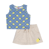 Conj. blusa sem manga azul + shorts-saia linho limão siciliano