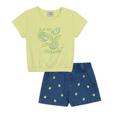 Conj. blusa manga curta limão siciliano + shorts jeans bordado
