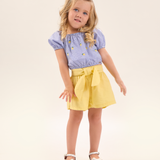 Conj. blusa ciganinha manga curta bordada limão siciliano + shorts amarelo pastel