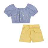 Conj. blusa ciganinha manga curta bordada limão siciliano + shorts amarelo pastel