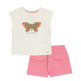 Conj. blusa manga curta borboleta + shorts rosa bolsos cargo