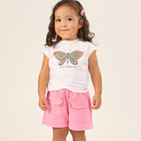 Conj. blusa manga curta borboleta + shorts rosa bolsos cargo