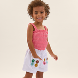 Conj. blusa de alças lastex + shorts sarja bordado flores