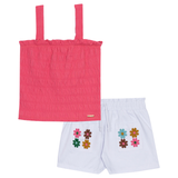 Conj. blusa de alças lastex + shorts sarja bordado flores