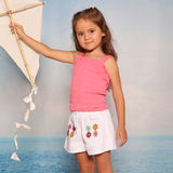 Conj. blusa de alças lastex + shorts sarja bordado flores