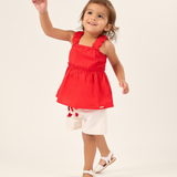 Conj. blusa de alças peplum vermelha + shorts linho