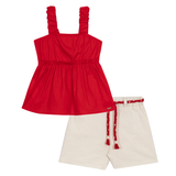 Conj. blusa de alças peplum vermelha + shorts linho