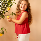 Conj. blusa de alças peplum vermelha + shorts linho