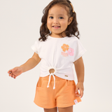 Conj. blusa manga curta com amarração + shorts laranja