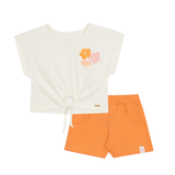 Conj. blusa manga curta com amarração + shorts laranja
